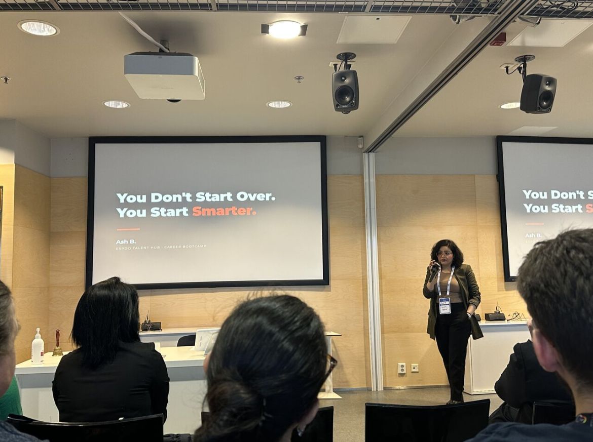 Ash delivering keynote at Espoo Talent Hub Career Bootcamp